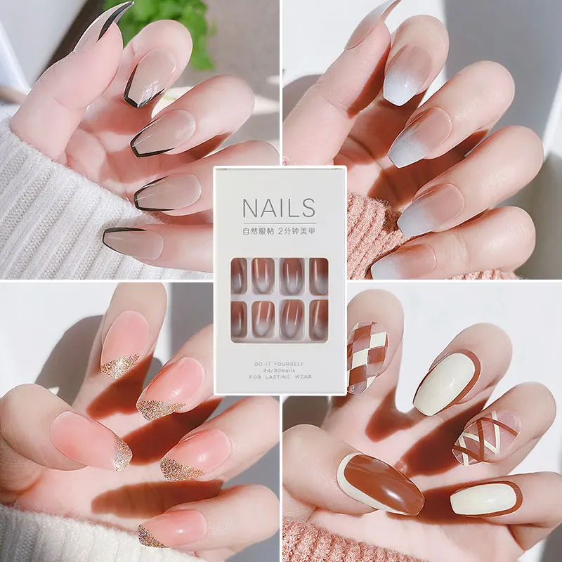 

24pcs French False Nails Coffin Ballet Short Fake Nail Gradient Glitter Artificial Fake Nails Wearable Fake Nails Press On Nail
