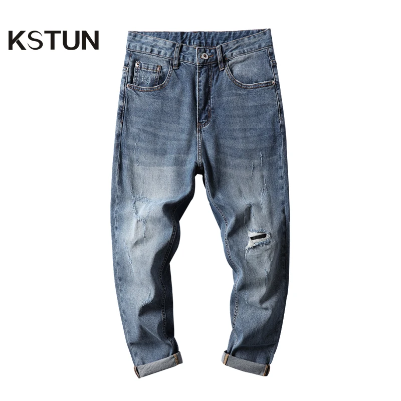 

Hip Hop Jeans Men Light Blue Stretch Harem Pants Loose Fit Patched Destroyed Moto Biker Jeans Men's Cropped Trousers Top Quality