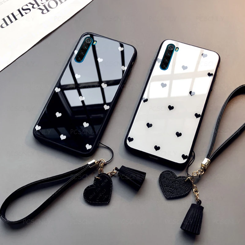 

Glass Case For Redmi Note 4 5 6 7 8 Pro 4X 8T Y1 Lite Fashion Love Heart Phone Hard Cover with Lanyard