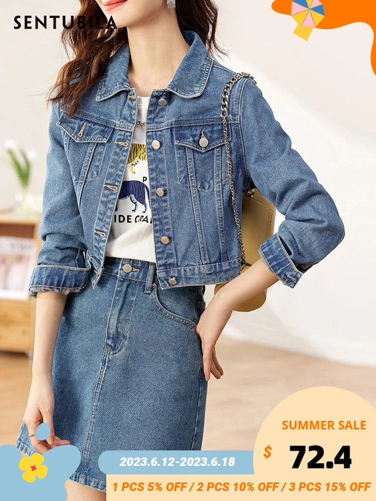 

Комплект из двух предметов Sentubila Женский, однотонная джинсовая куртка и юбка, Короткие весенние пиджаки, трапециевидные мини-юбки