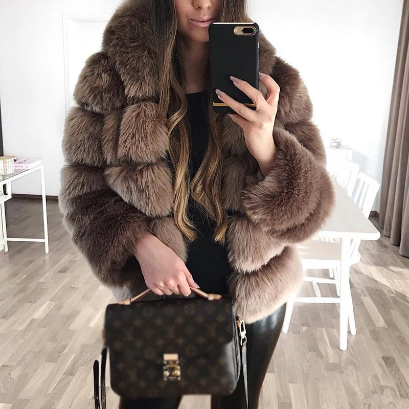 

Thick casual women's artificial rabbit leather jacket, solid coat, soft and warm, office fashion cardigan, winter