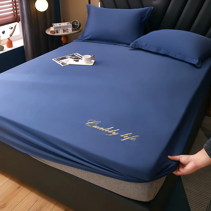 

2021New Style Washed Tencel Embroidered Fitted Sheet Queen King Size Bed Sheet Set Pillowcases Elastic Band Mattress Cover