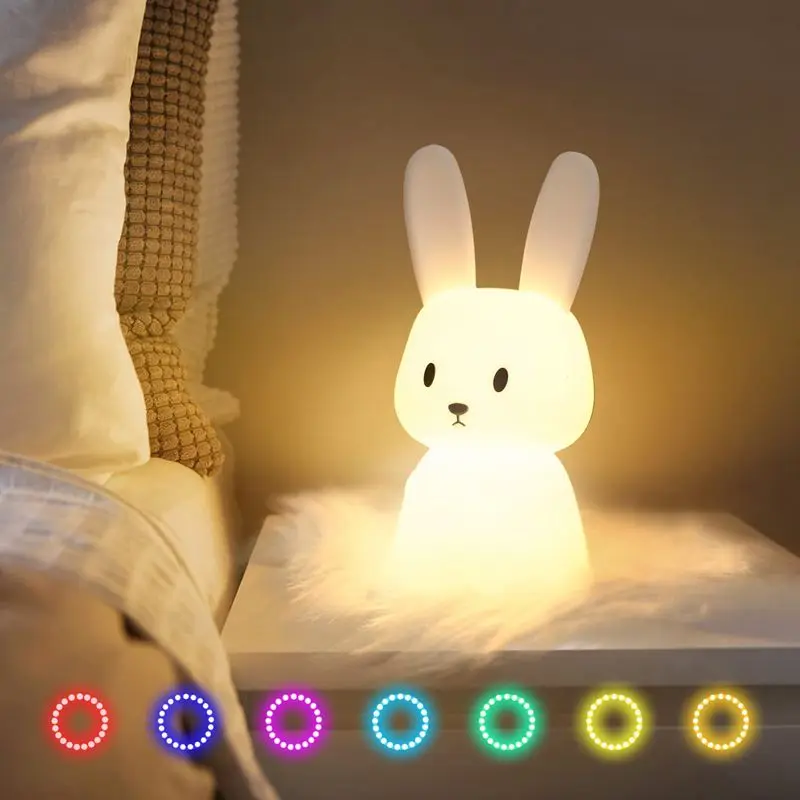 Cute Bunny Night Light With Touch Tap Control Rechargeable Silicone Squishy Nursery Night Lgiht For Baby Girls Kids Room Gift