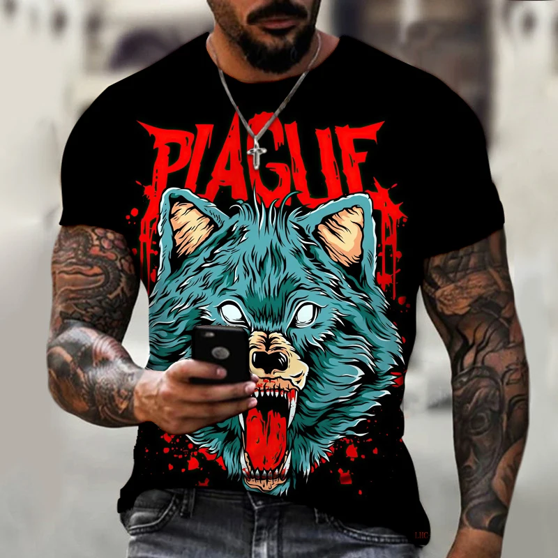 

2022 Brand Men's Summer Short Sleeve Evil Wolf Seven-eyed Wolf Head 3d Printing Men's T-shirt Cool Fashion Streetwear Size 5XL