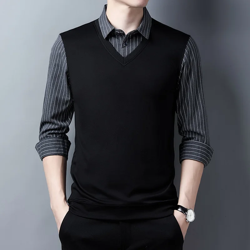 

KO3060 Spring and Autumn 2023 New Fashion Men's Shirt Collar Underlay Long Sleeve T-shirt