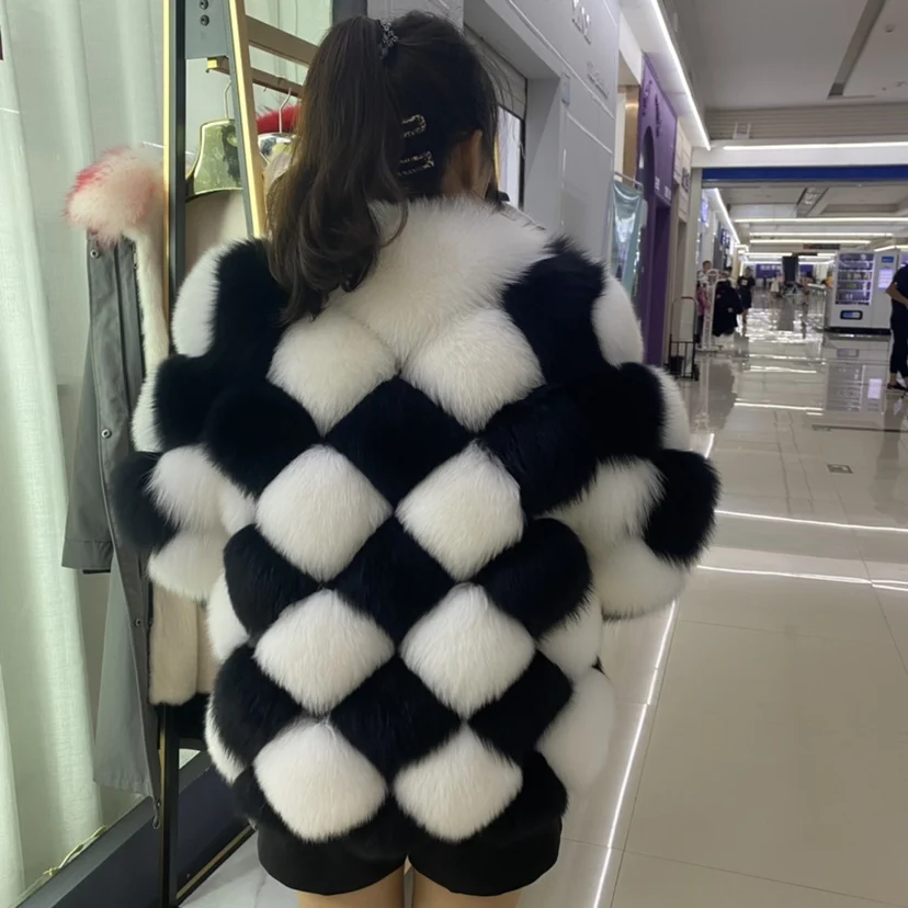 Women's New Imported Finnish Checkerboard Real Fox Fur Coat Luxury Thick Warm Fur Jacket Casual Streetwear Women Outerwear enlarge