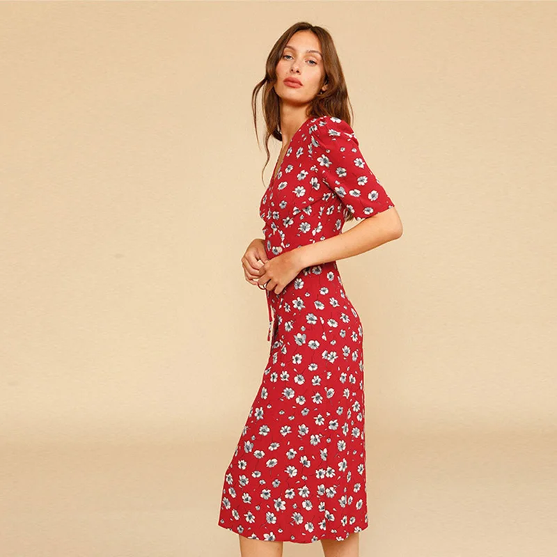 Spring Summer Women Dress 2022 New Women V-Neck Wrap 100% Viscose Printed  Mid-sleeve Lace-up Casual Mid-length Vintage Dress