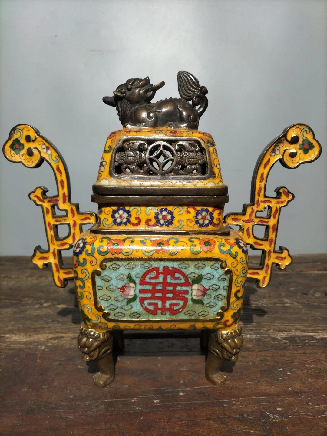 

12"Tibetan Temple Collection Old Bronze Cloisonne Enamel Kirin Ruyi Ear Four-legged longevity incense burner Worship Hall