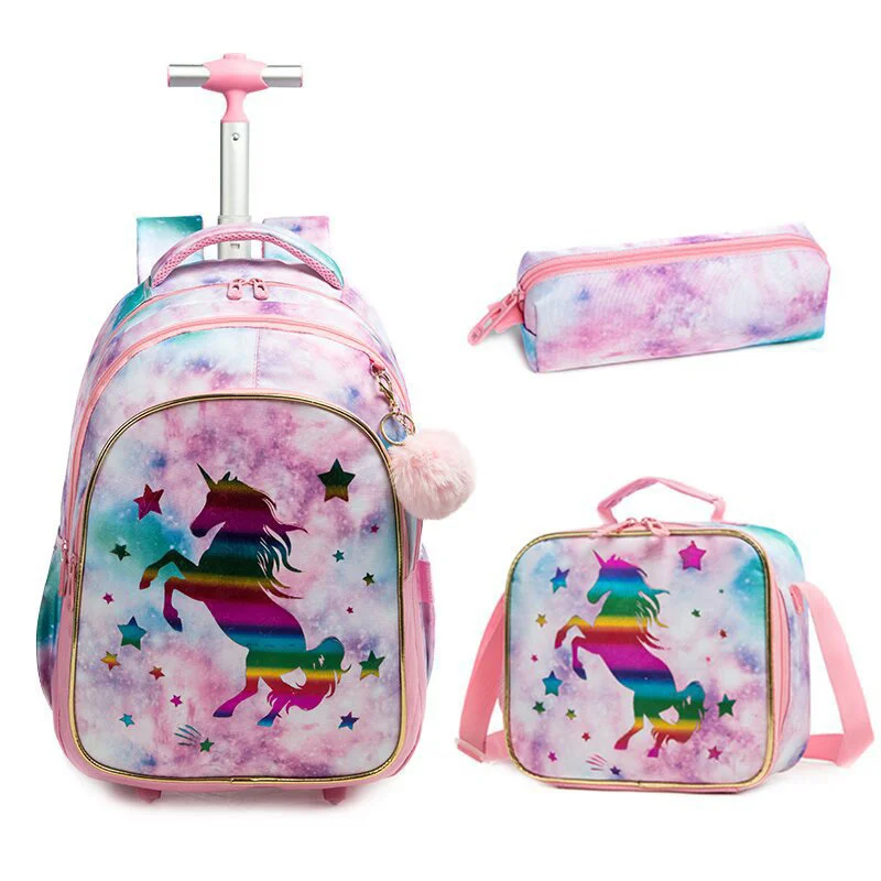 

Children School Bags For Girls With Wheels Trolley Bag With Lunch Bag Schoolbag Set Teenagers Backpack Set Wheeled Backpack