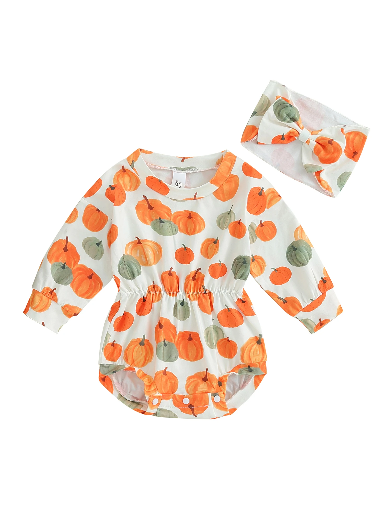 

Baby Girl Halloween Costume Adorable Pumpkin Print Romper with Matching Hairband Long Sleeve Crew Neck Outfit