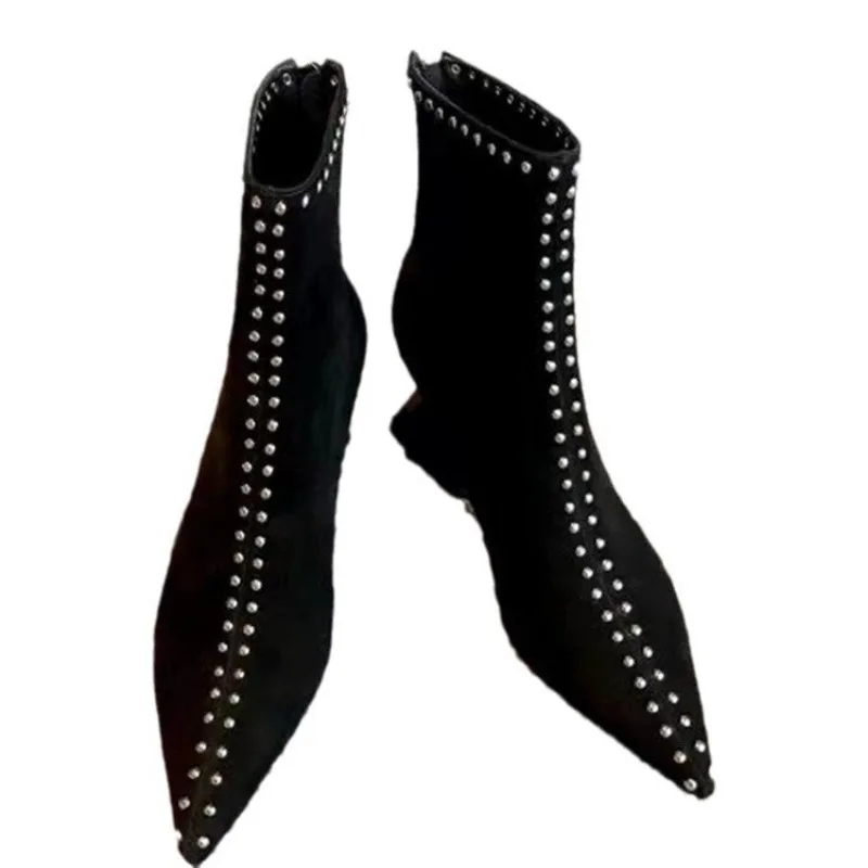 Женские ботильоны с острым носком демисезонные ботинки в стиле панк на высоком