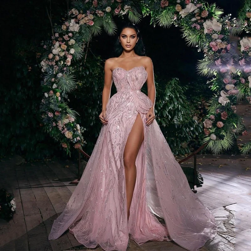 

Pink Mermaid Elegant With Skirt Sexy Side Split Off the Shoulder Evening Dresses Gowns Luxury Beaded 2023 For Women Party Dress