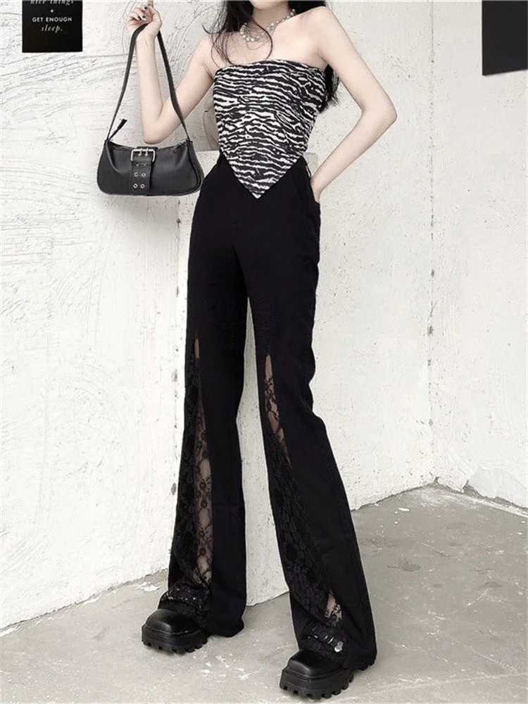

Женские готические черные кружевные расклешенные брюки в стиле панк, новинка 2022, винтажные Волшебные брюки в стиле Харадзюку, Y2k, темная эст...