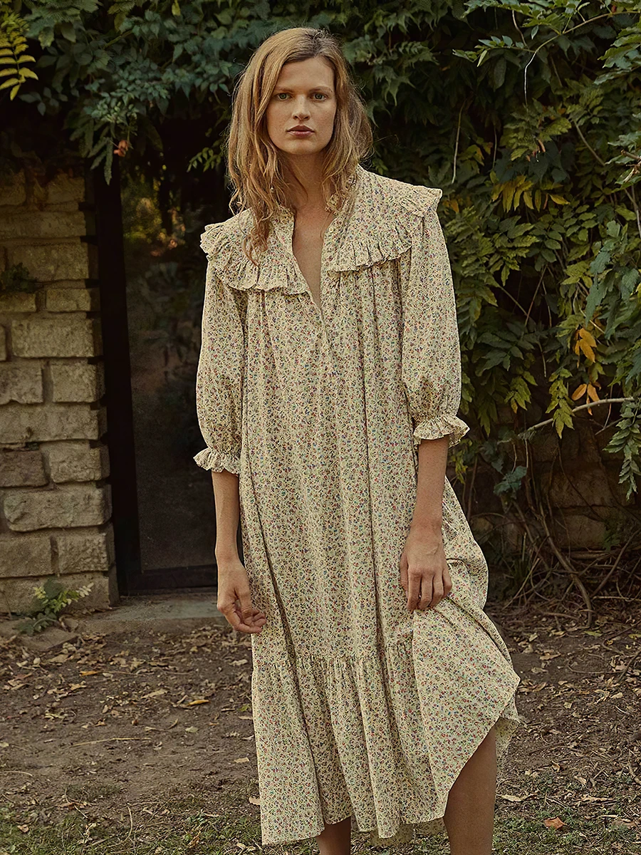 

Ruffles Floral Printed Maxi Dress Spring Summer Puff Sleeve Peter Pan Collar Women Long Dresses Female Elegant Vintage Robes