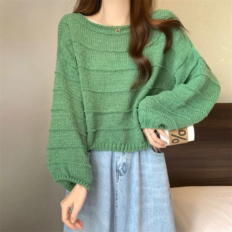 Женский Однотонный свитер в Корейском стиле трикотажные пуловеры с круглым