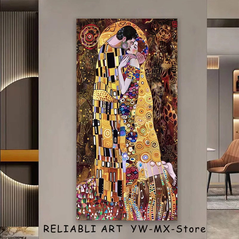 Винтажная пара в стиле Климта подчеркивающая портретную холст картина постер и