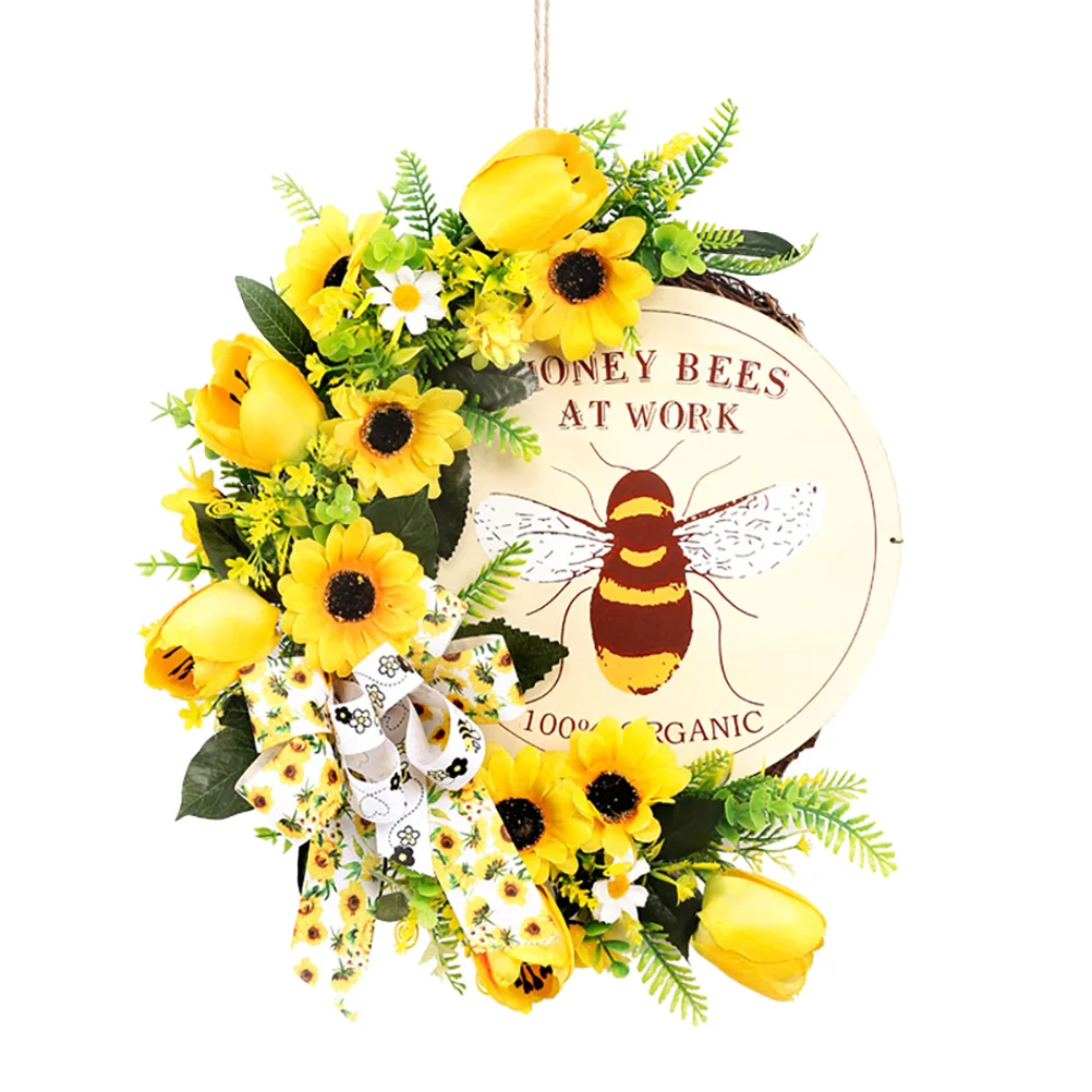 

Bee Sunflower Wreath Front Door Wedding Pendant Delicate Welcome Door Sign Cloth Artificial Sunflower Wreath