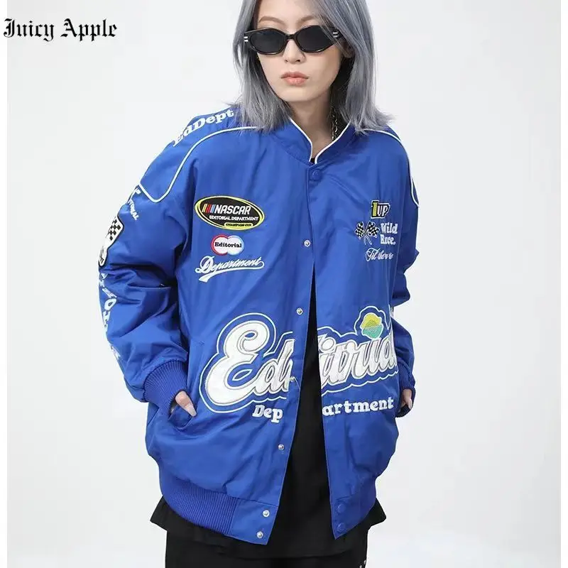 

Juicy Apple Bomber Woman Varsity Jacket American Retro High Street Bombers Black Long Sleeves Racing Coat American Baseball Coat