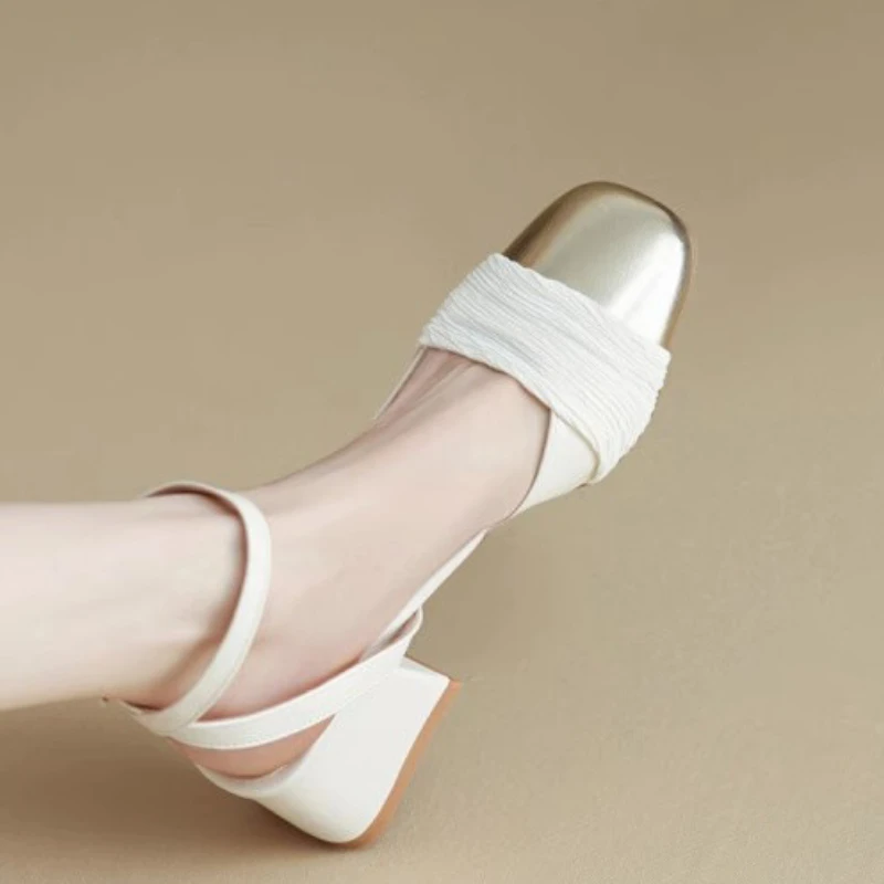 

Summer Elegant Square Head Sandals Women Korean Style Thick Heeled Party Shoes Buckle Comfort Walking High Heels Sapato Feminino