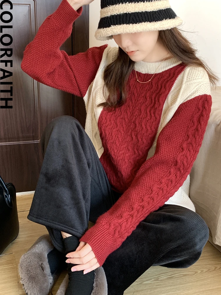 

Colorfaith SW4033JX New 2022 Korean Fashion Vintage Elegant Color Blocking Sweaters Knitting Pullovers Women Autumn Winter Tops