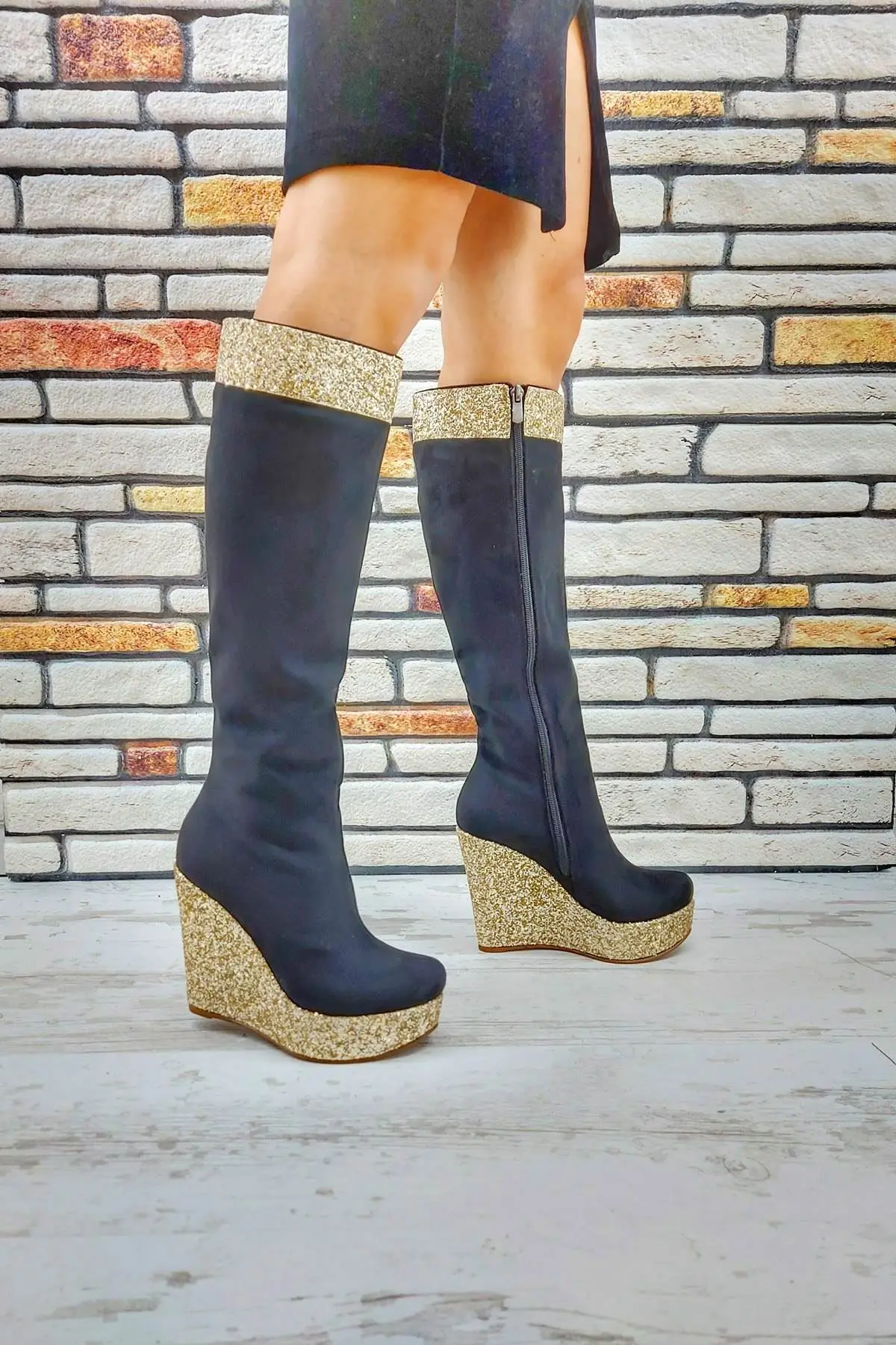 

Women's Fashion Handmade Special Suede Gold elephants Heels Boots