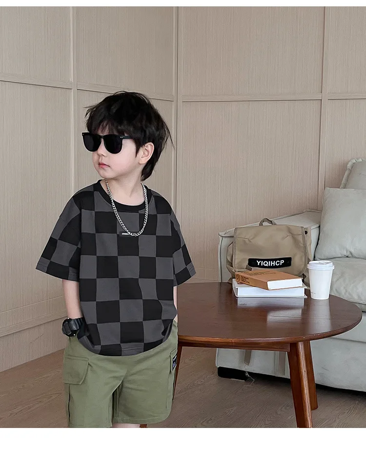 

Summer Children's Tops Boys T-shirt Cotton Soft Fashion Cool Black and White Lattice Short Sleeve Pretty