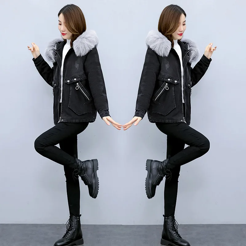 Женское зимнее джинсовое пальто с длинным рукавом и капюшоном новинка хлопковое