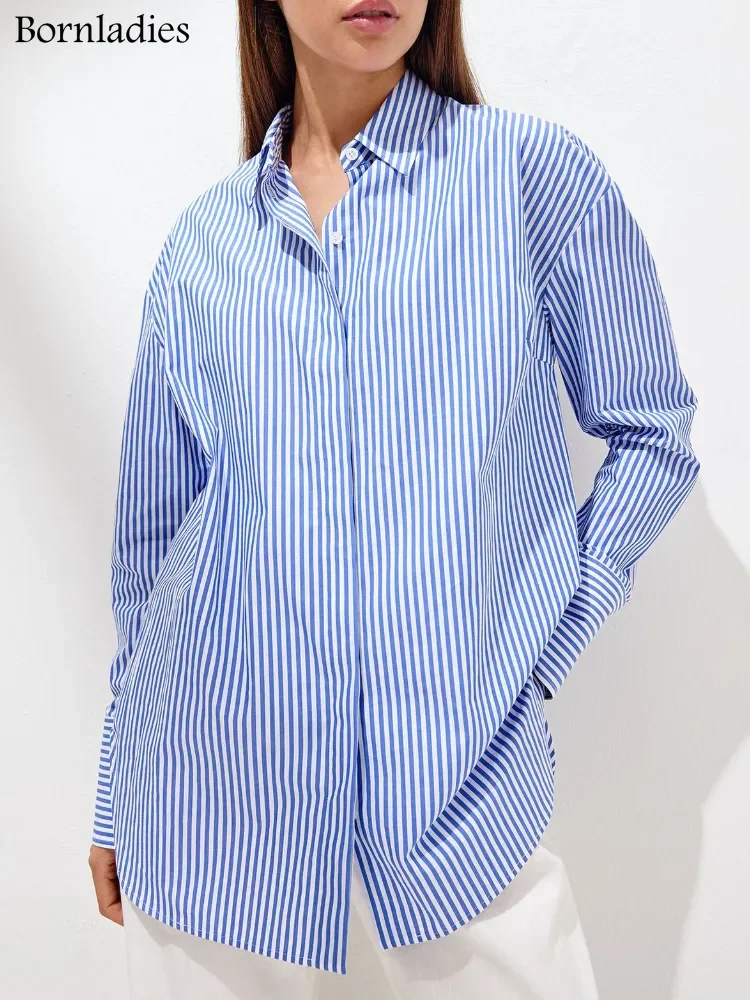 

NEW2023 Bornladies свободные полосатые рубашки 2022 осень шикарная 100% хлопковая блузка женские Топы повседневные с лацканами женские большие размеры...