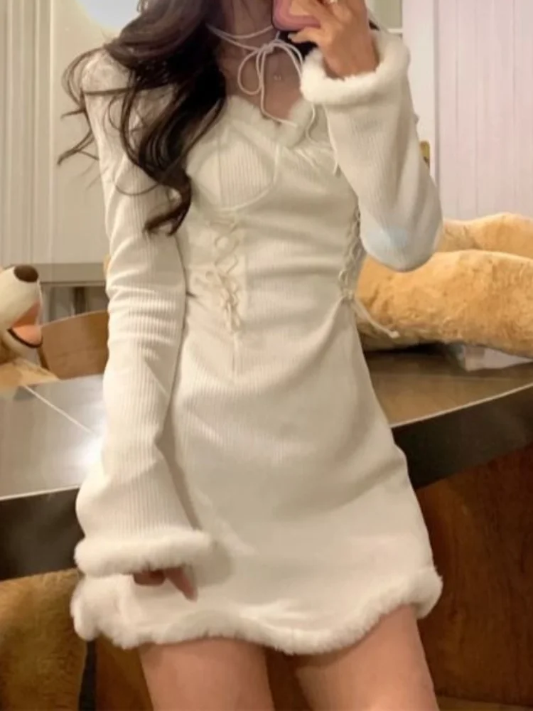 

QWEEK Knit Knitted Bodycon Bandage White Dress Sexy Sweet Kawaii Square Collar Slim Party Short Dresses 2023 Autumn Kpop