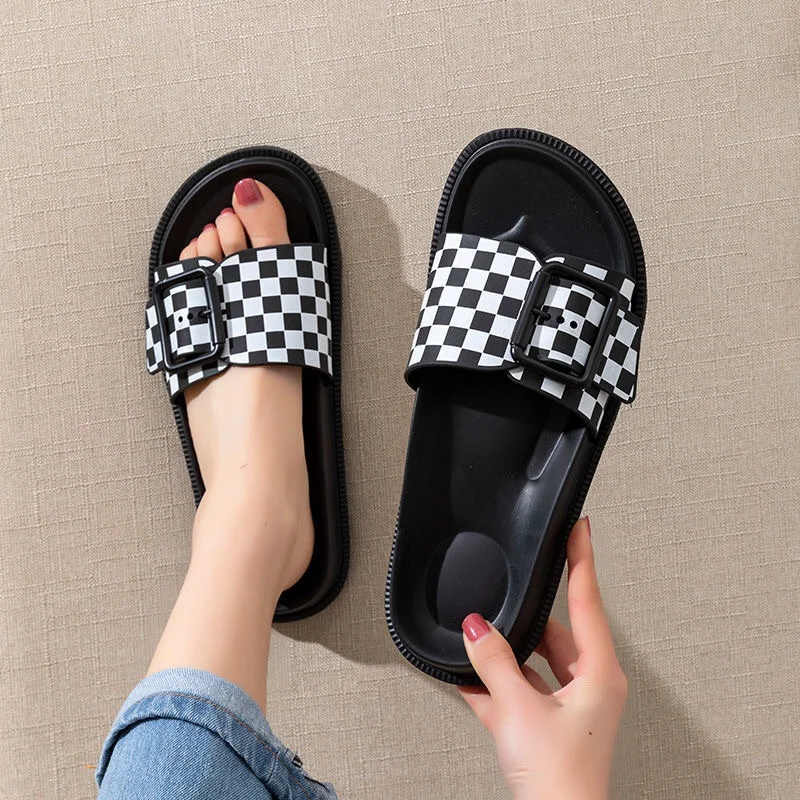 

EVA Plaid Print Women Slippers Summer Beach Checkered Slides Buckle Platform Sandals Cloud Soft Home Designer Shoes Ladies 2022