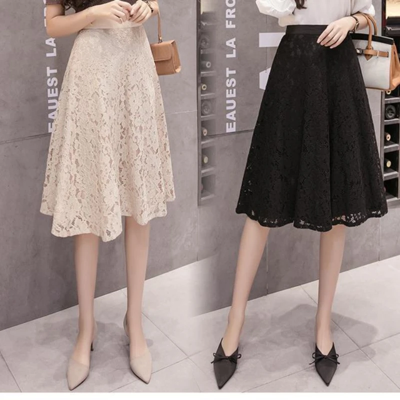

Summer 2022 Woman Lace Pleated Skirt Female Solid High Waist A Line Skirts Ladies Long Maxi Tutu Skirt Holiday Beach Skirts A68