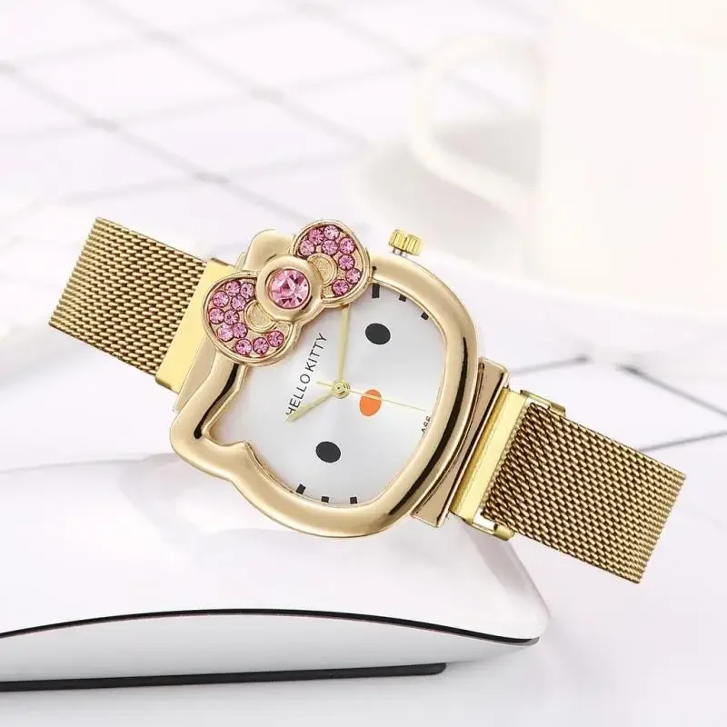 Hello Kitty Diamond Watch Cat Bow Kawaii Pink Ladies Gold Sliver Metal Jewelry Cartoon Magnetic Girlfriend Birthday