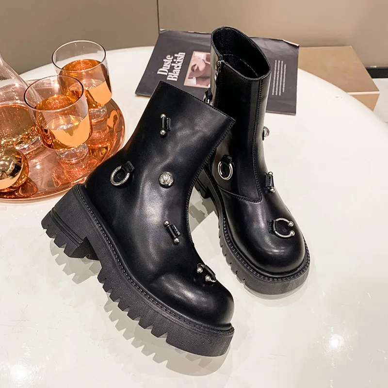 Женские ботильоны на толстой подошве с круглым носком черные 2022 Элегантная
