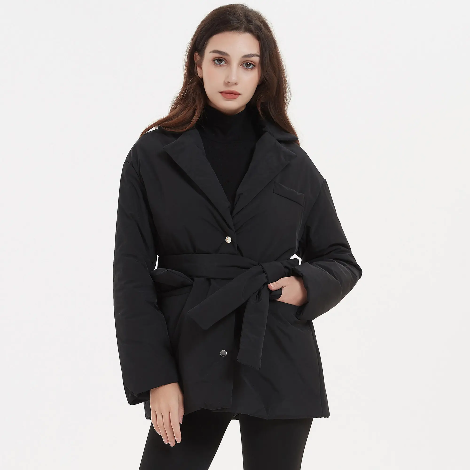 

Malina Casual Notched Parkas Women Fashion Tie Belt Solid Black Coats Women Elegant Single Breasted Cotton Jackets Female Ladies