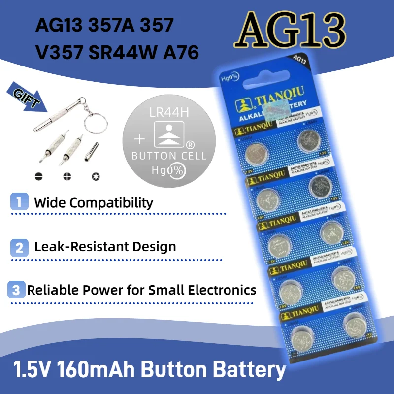 Фото Высокопроизводительные батарейки AG13 LR44 1.5V 357 A76 SR44W LR1154 (10-100 шт.) для часов, игрушек, пультов ДУ (RW82 SR1154 SP76) №1