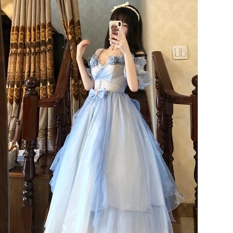 Цветочное свадебное платье в стиле &quotЛолита&quot искусственное голубое с