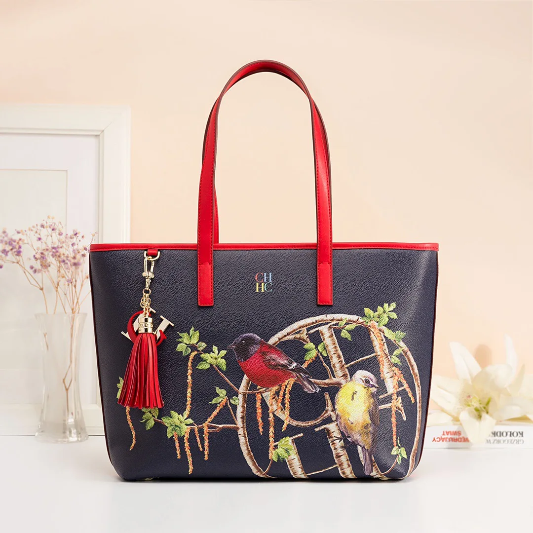 CHCH Luxury Brand Designer Women's Tote Bag Portable One Shoulder Large Capacity Leather Flower and Bird Pattern Metal Zipper