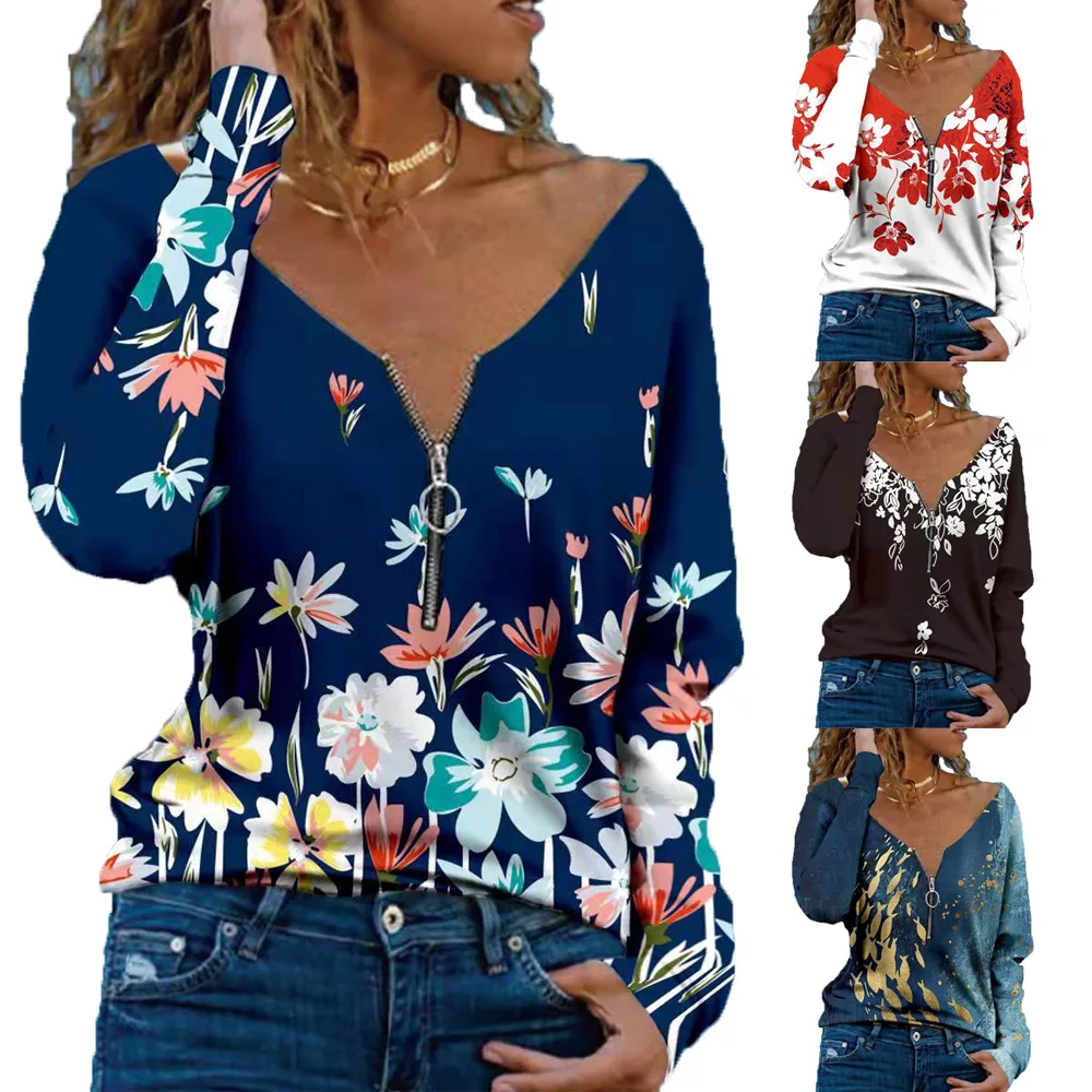 

2023 spring summer fashion temperament chest zipper V-neck long sleeve sweater