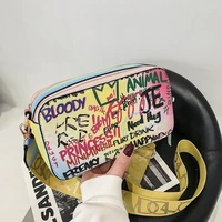 graffiti womens phone bag 2022 trend print hip hop letter camera crossbody bags leather fashion small square wide shoulder bag
