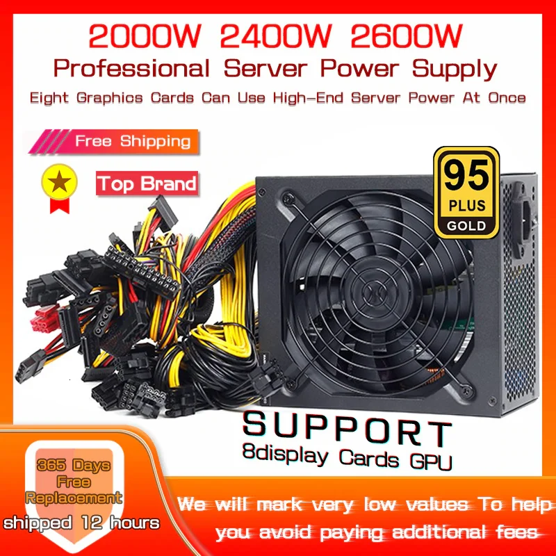 

2000W 2400W 2600W 180V-260V ATX ETH Bitcoin Mining Power Supply 95% Efficiency Support 8 Display Cards GPU For BTC Bitcoin Miner