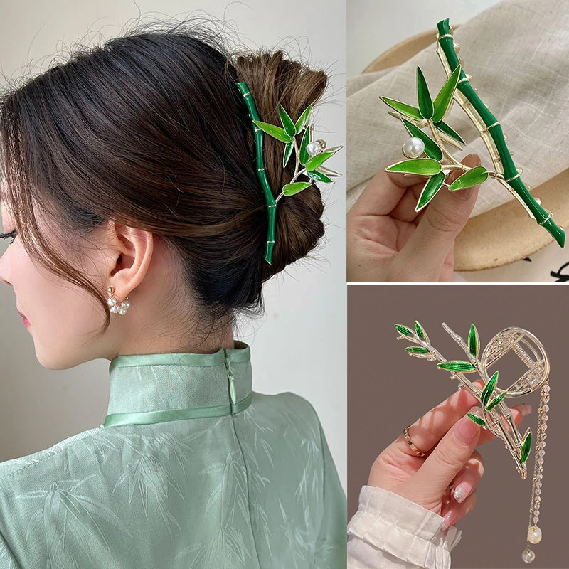 

Green Bamboo Hair Clip Long Tassels Pearl Ponytail Claw Clip Hanfu Large Size Alloy Shark Metal Grab Clip Hair Accessories