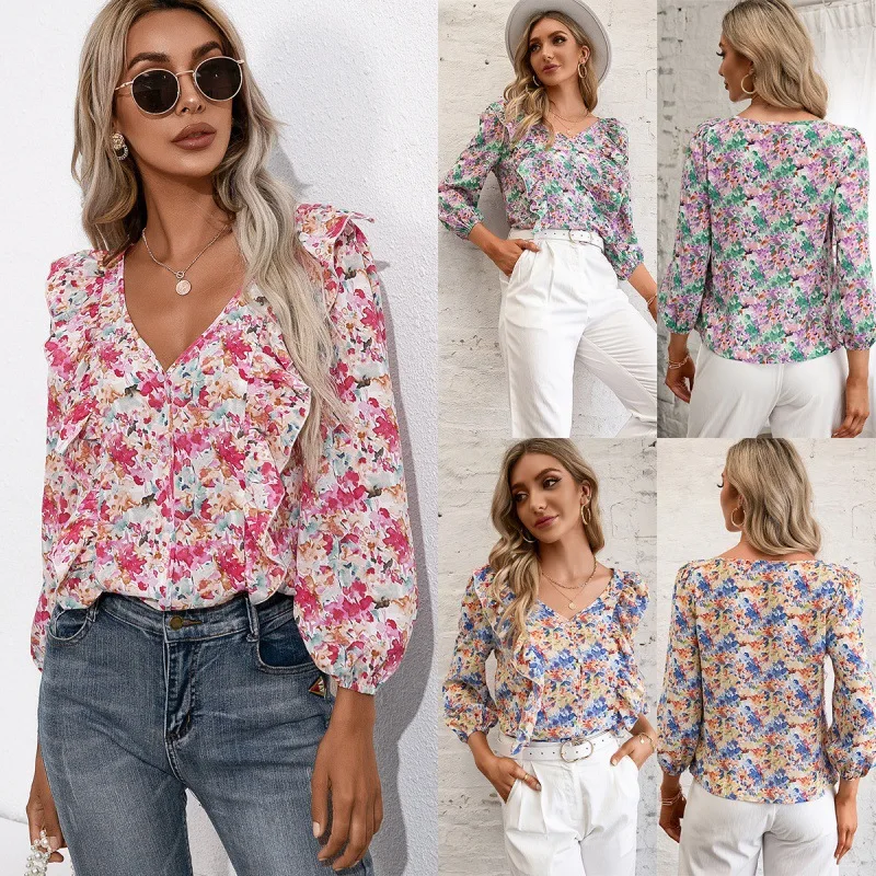 

Женская винтажная блуза с длинным рукавом, V-образным вырезом и оборками