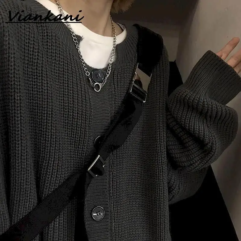 

men Sweaters Cardigan trend Korean retro all-match pure color big button knitted high street sweater jacket unisex punk Tops