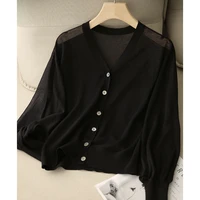 spring summer cardigan top solid color women thin cropped cardigan green black breathable v neck sweater cardigan ice silk coat