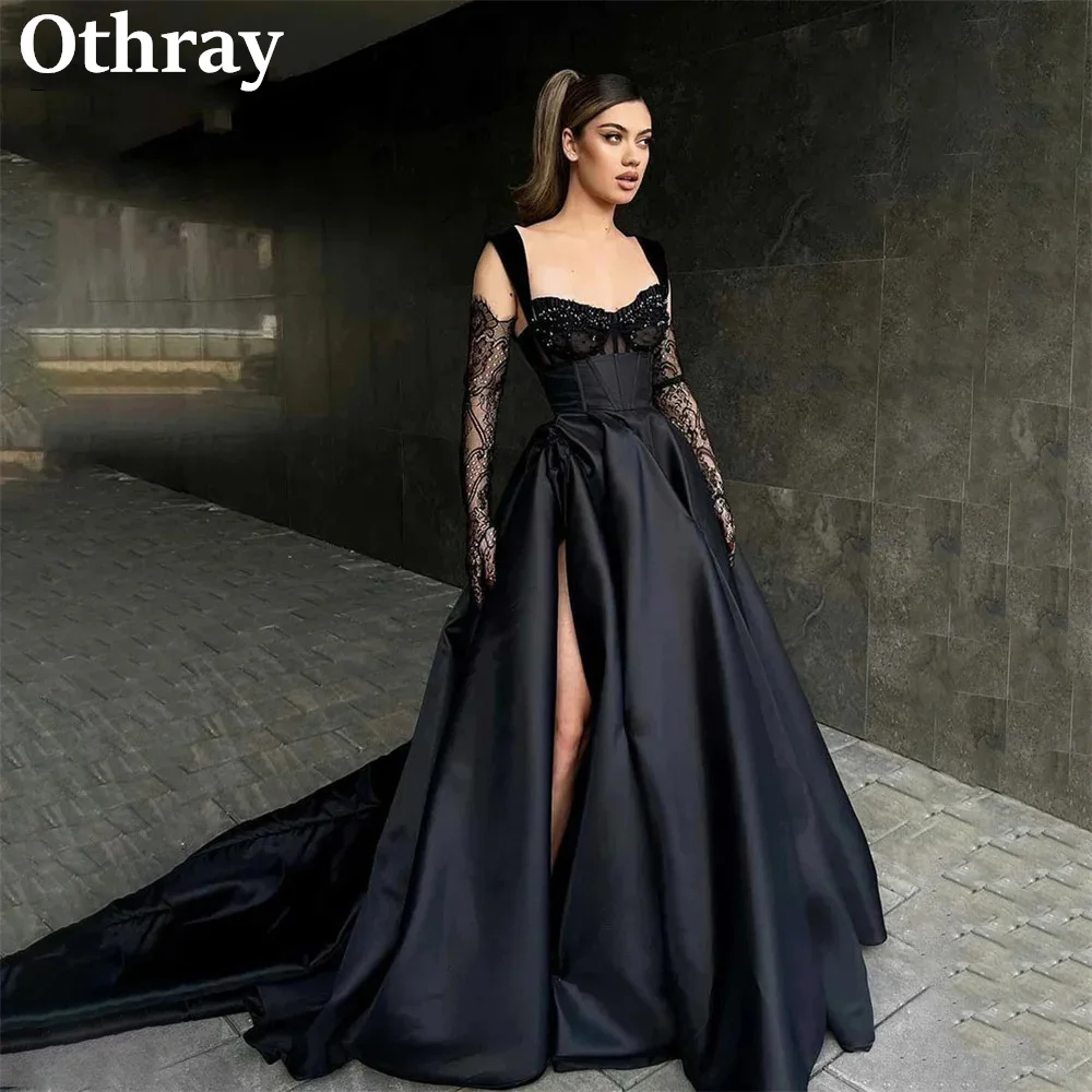 Фото Othray Черные атласные вечерние платья Кружева с бисером Сексуальные длинные платья для выпускного вечера с высоким разрезом Met Gala Party Robe Vestido De Noche №1