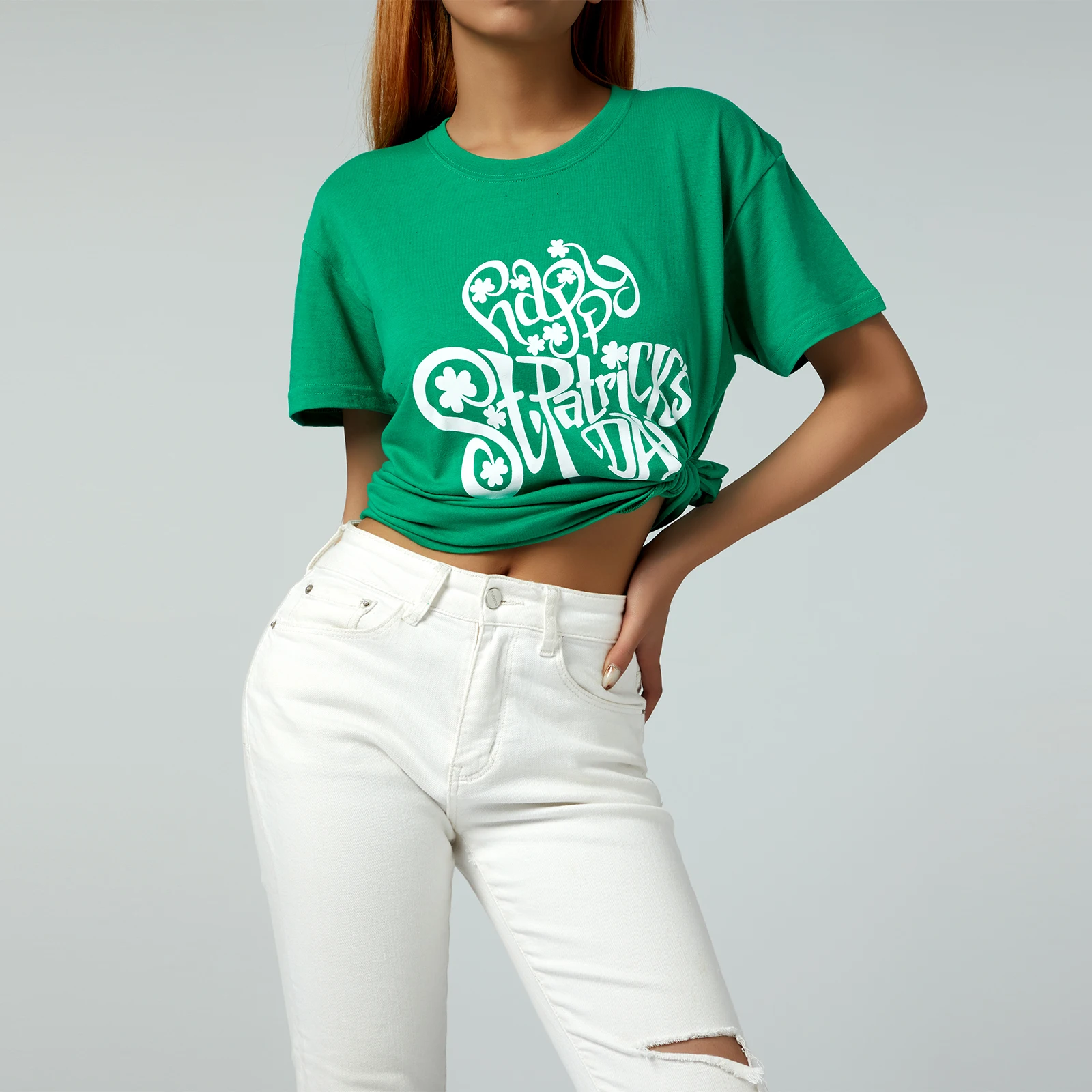 

Women Clothing St. Patrick's Day Summer T-shirts Irish Festival Letter Clover Print Short Sleeve Round Neck Female Tops