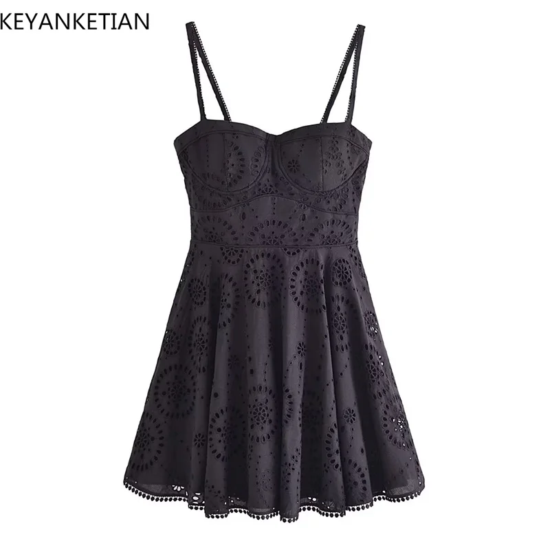 

KEYANKETIAN Summer's New Resort-Style Hollowed Out Embroidery Lace Suspender Dress Women's High-Waisted Slim-Fit Mini Skirt