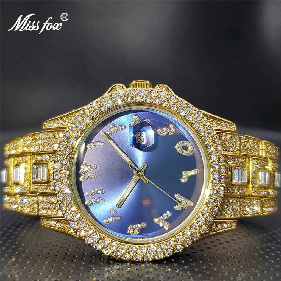 

Relogio Luxury Brand MISSFOX Gold Dimaond Royal Blue Sunbrust Dial Elegant Watches Calendar Waterproof Latest Explosion Models