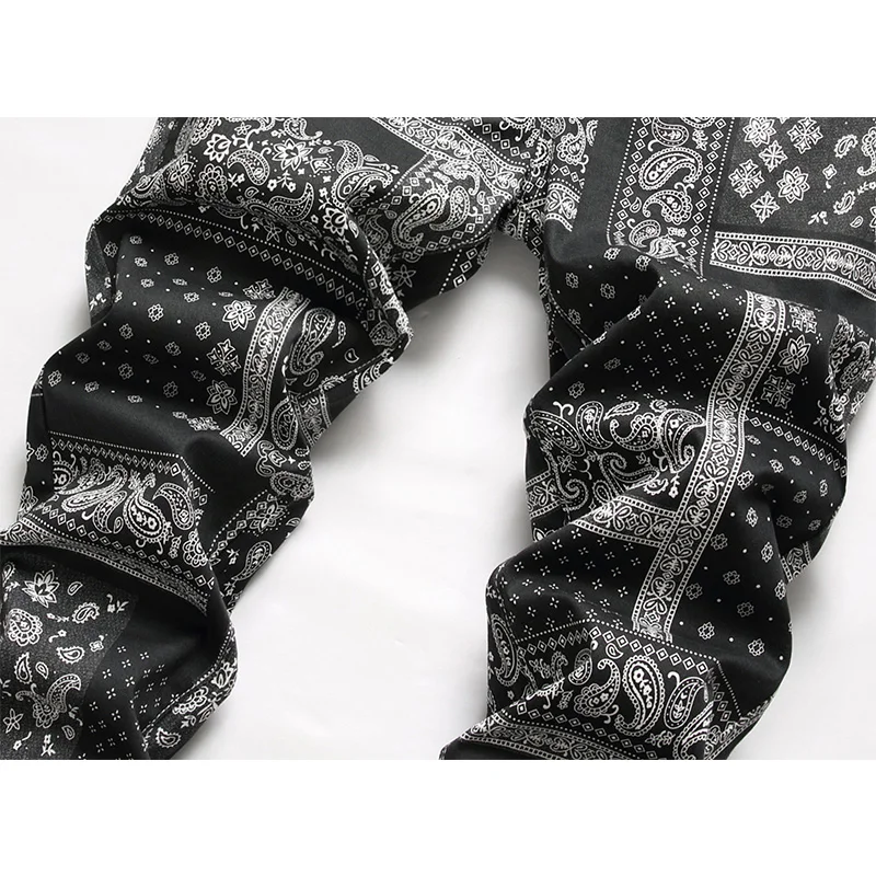 Mens Jeans Streetwear Men Fashion Elastic 3D Printed Cashew Small Straight Pants Full Length Denim Trousers