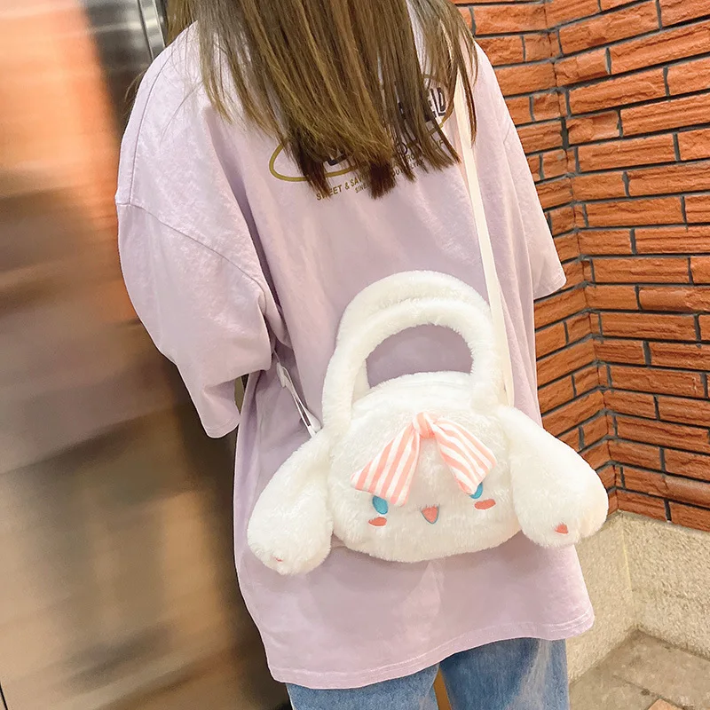 

Kawaii Cinnamoroll Plush Backpacks For Girls Cute Cartoon Pink Yarn Bow Small White Satchel Children's Coin Purse Cosmetic Bags